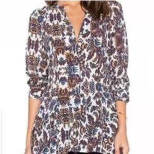 Anthropology Sanctuary long Sleeve Buttoned Blouse Floral Brown Blue on White S